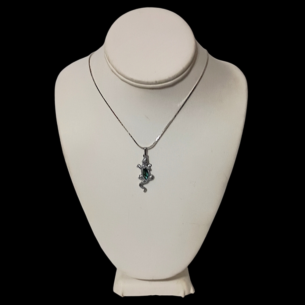 Vintage Lizard Gecko‎ Pendant Necklace Silver Tone Shell Glass Abalone Inlay - Picture 7 of 16